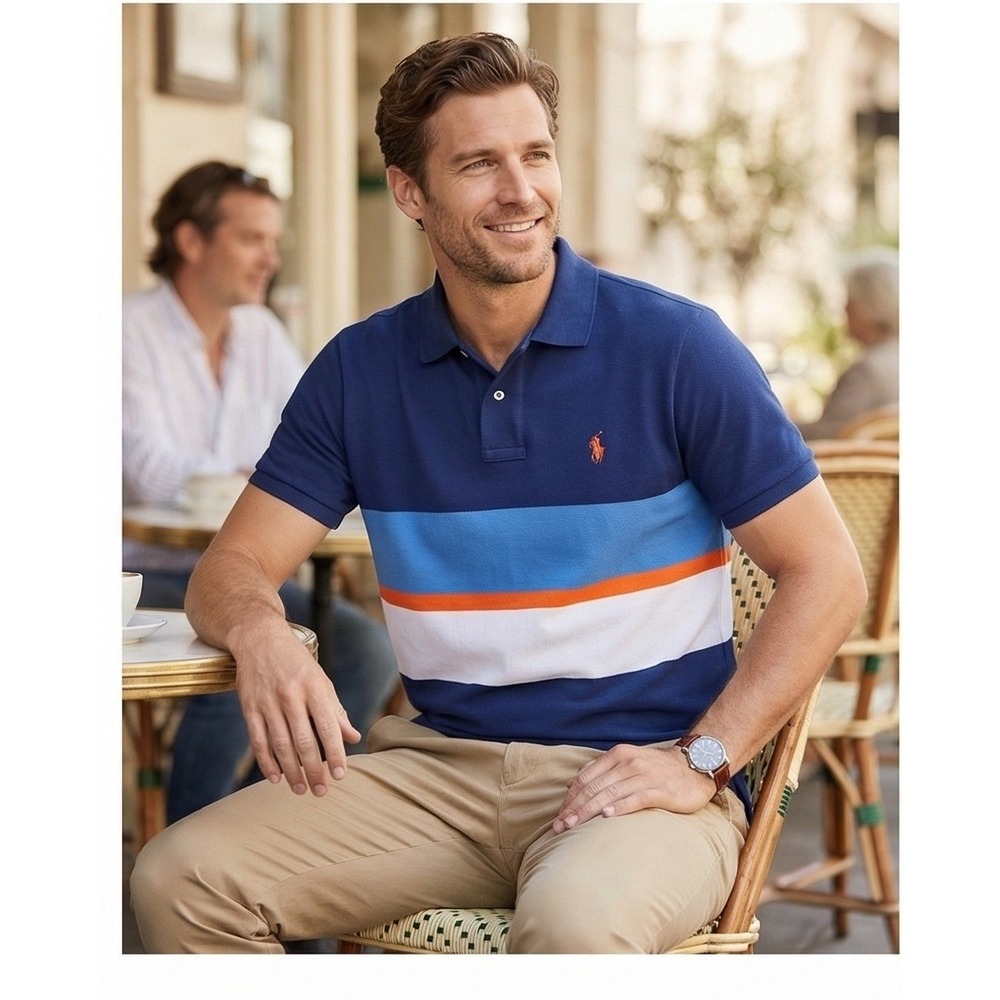 Polo Ralph Lauren Mens L Blue Colorblock Striped Pique Polo Shirt Orange Pony